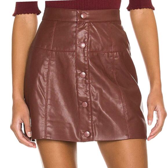 Free People Maisie Vegan Mini Skirt Brown Faux Leather Button Skirt Size 12 - Picture 3 of 11